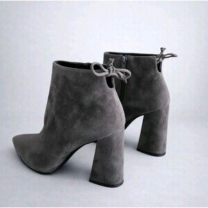 Stuart Weitzman Gray Suede Ankle Boots Block Heel Pointed Toe Zip NIB US 9.5